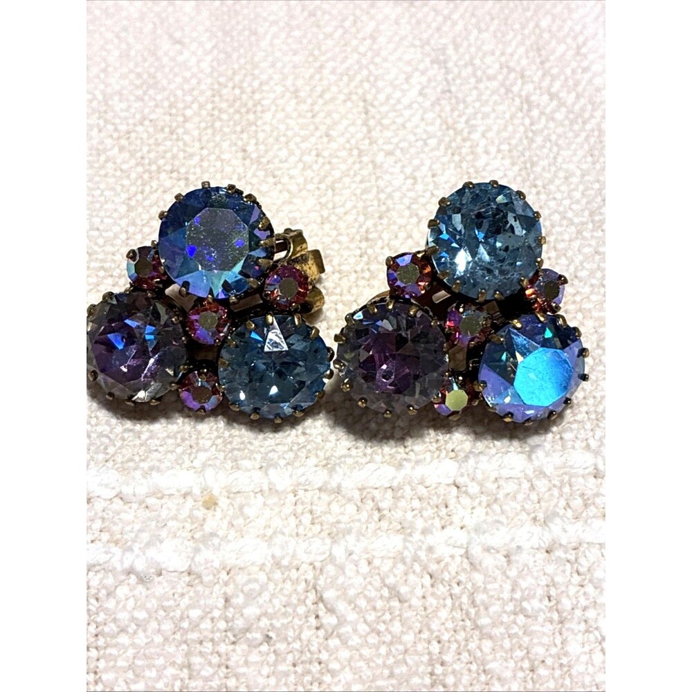 1950s Vintage Austrian Crystal Earrings with Blue and Aurora Borealis